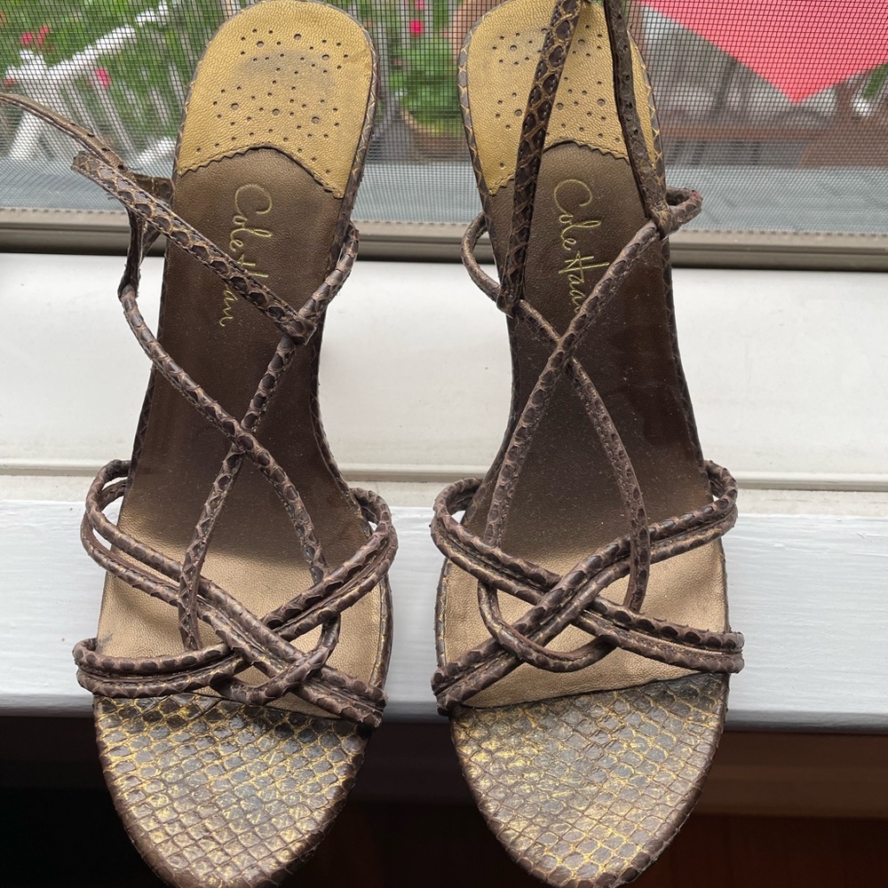 Cole Haan bronze gold snake sandal heels size 7.5